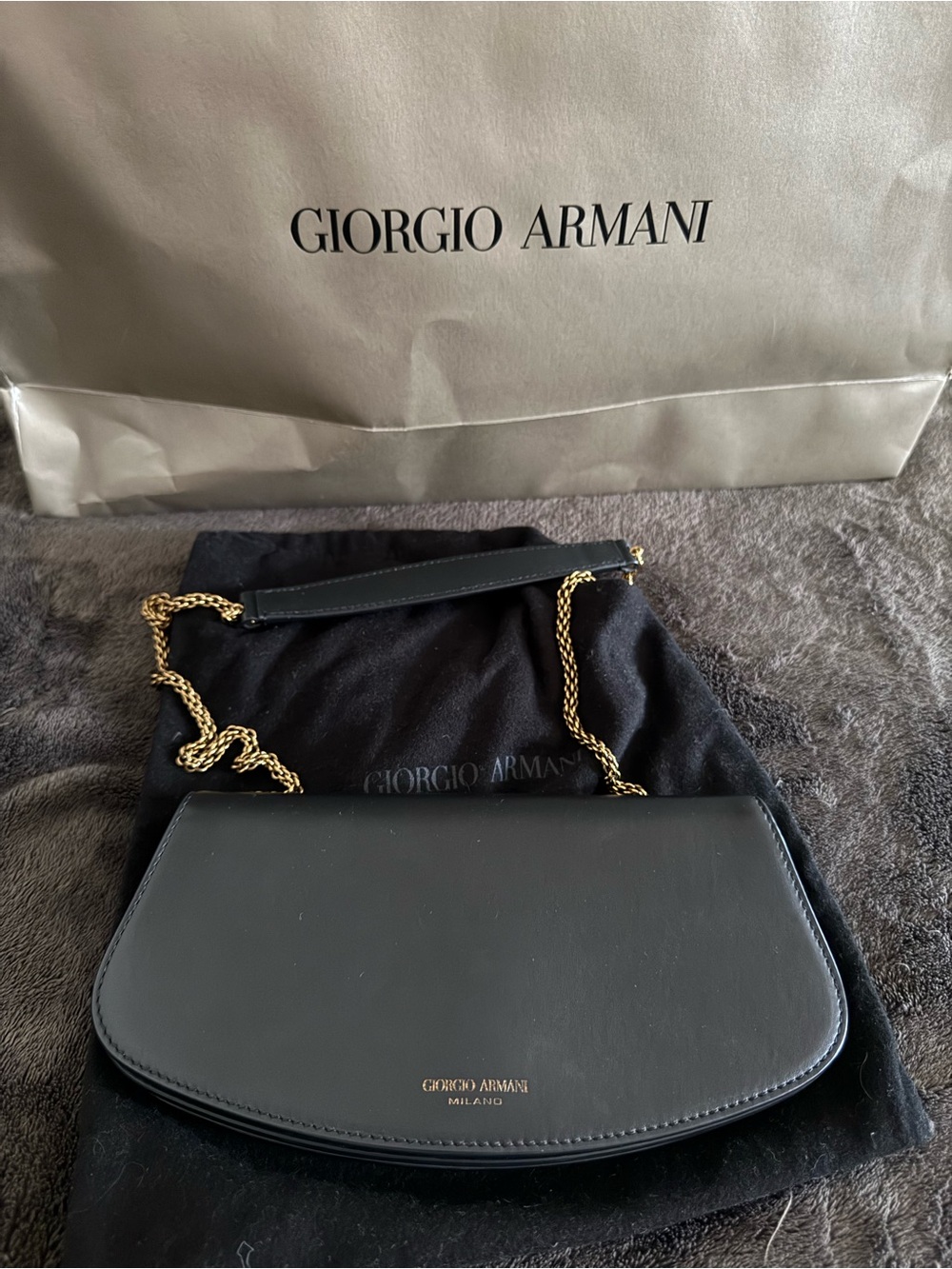 Giorgio Armani Black Leather Shoulder Bag with Gold Chain